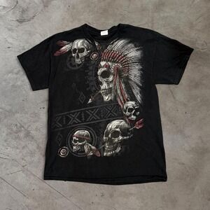 Vintage Y2K Tribal‎ Skull Skeleton Grim Reaper Large T-Shirt